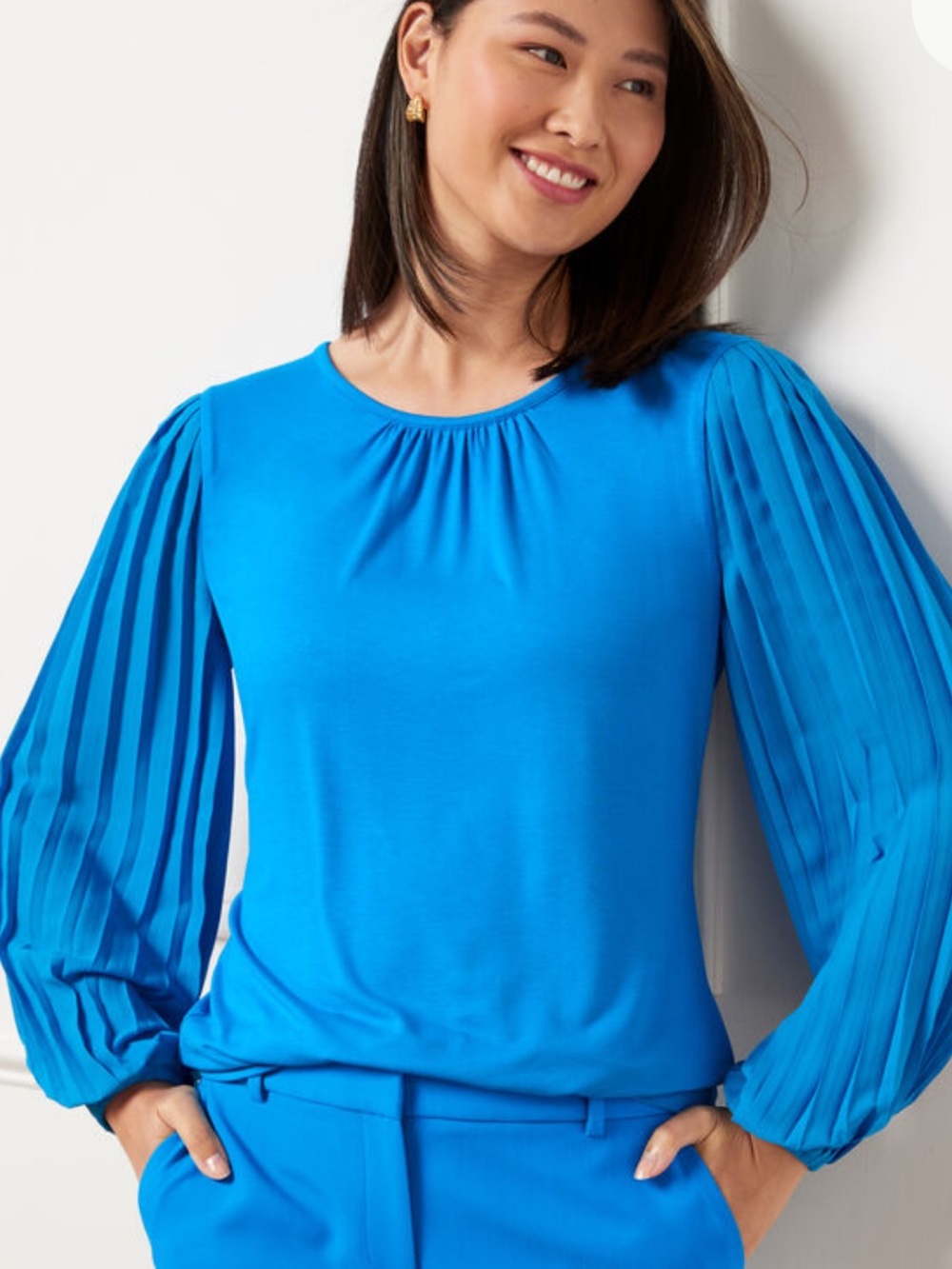 Talbots Electric Blue Pleated Bishop Sleeve Blouse